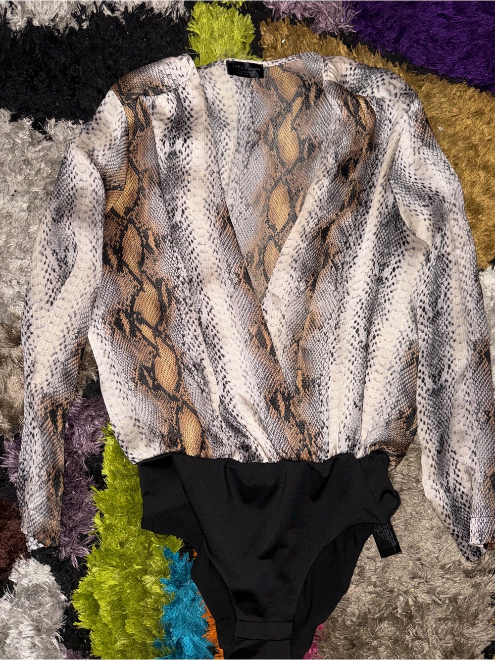 Zara Snake Print Surplice Long-Sleeve Bodysuit - Black & Brown & Cream